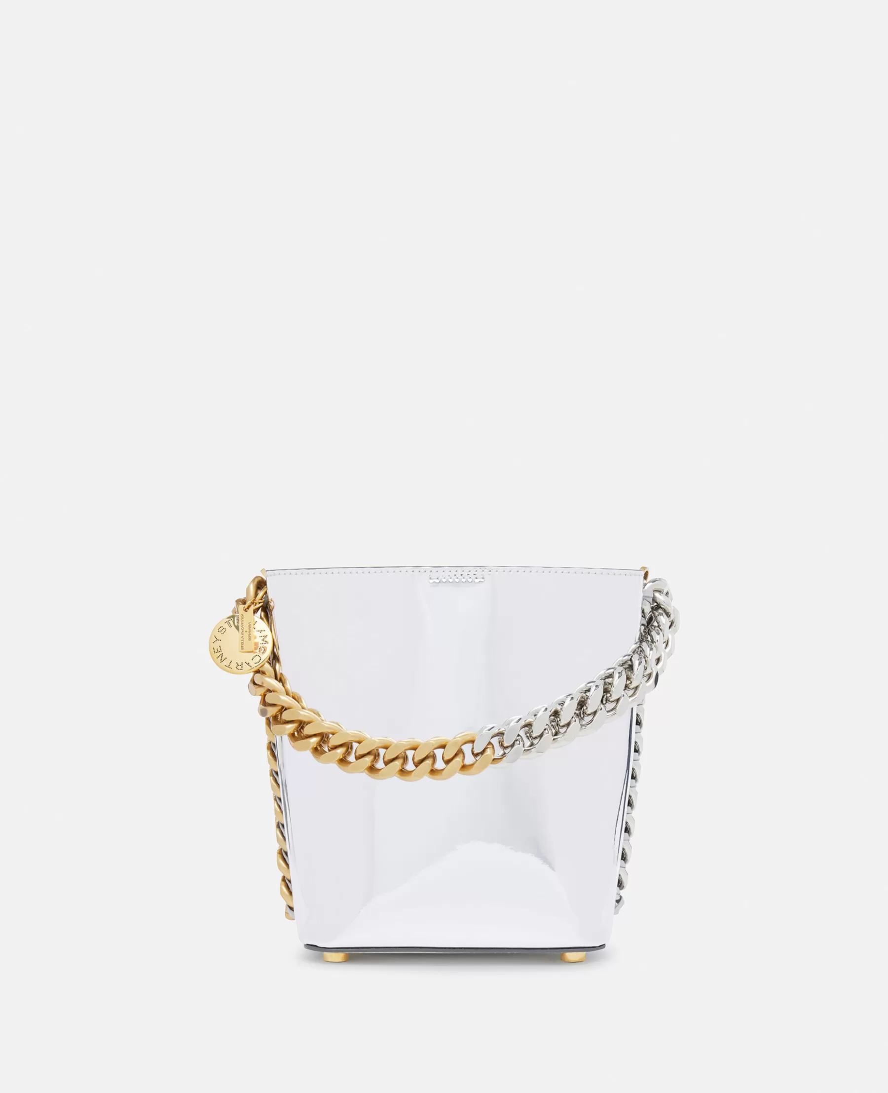 Stella McCartney Frayme Mirrored Chrome-Finish Bucket Bag Store