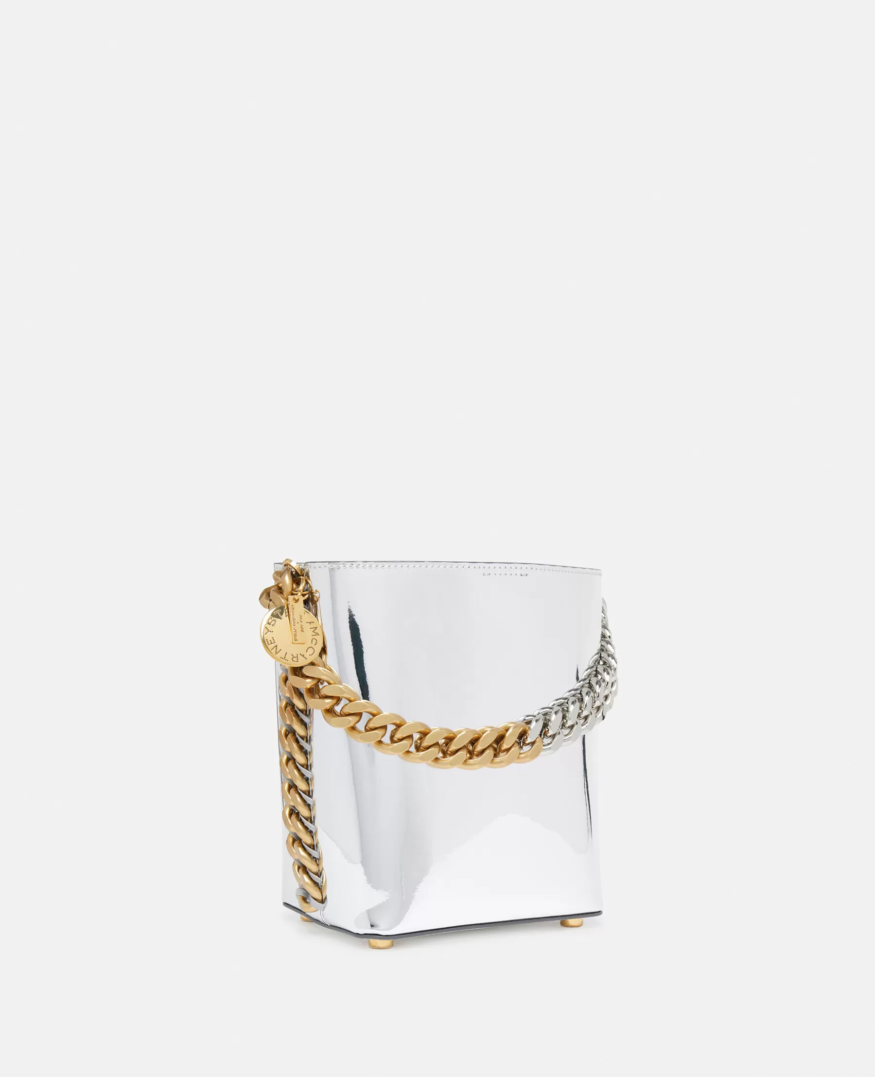 Stella McCartney Frayme Mirrored Chrome-Finish Bucket Bag Store