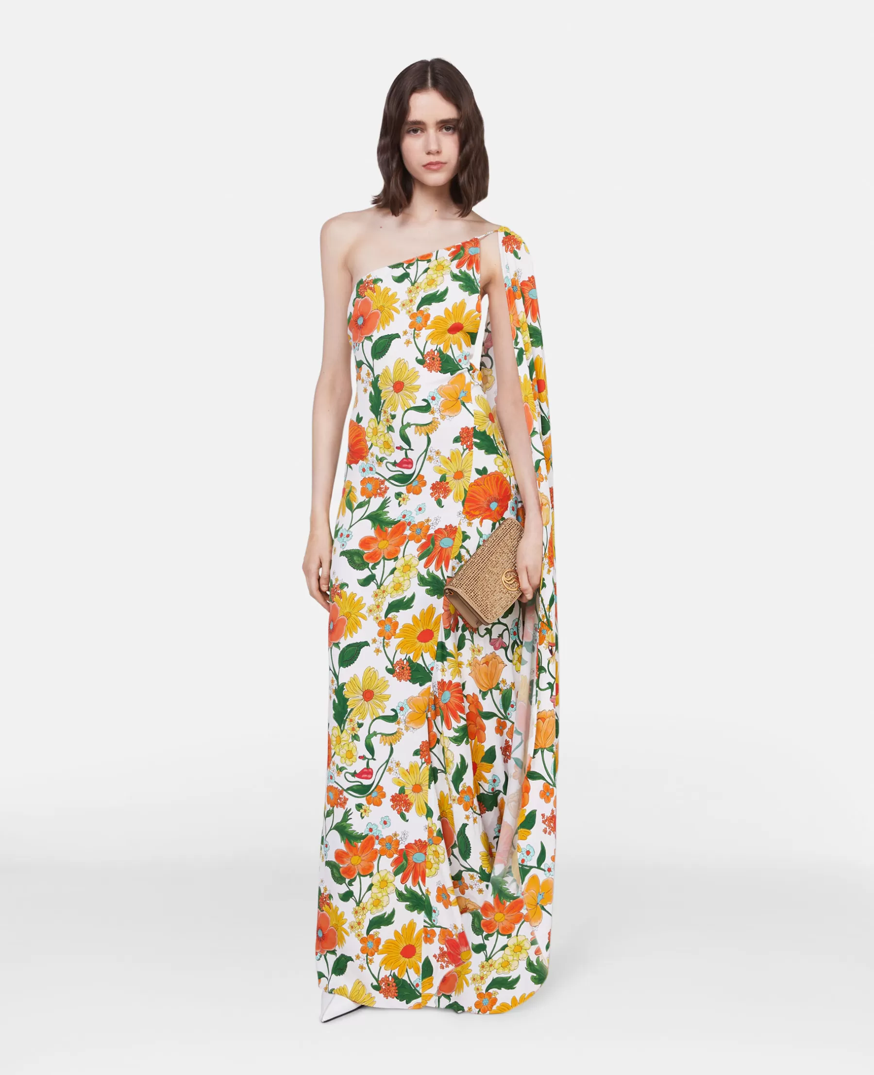 Stella McCartney Lady Garden Print One-Shoulder Cape Gown Flash Sale