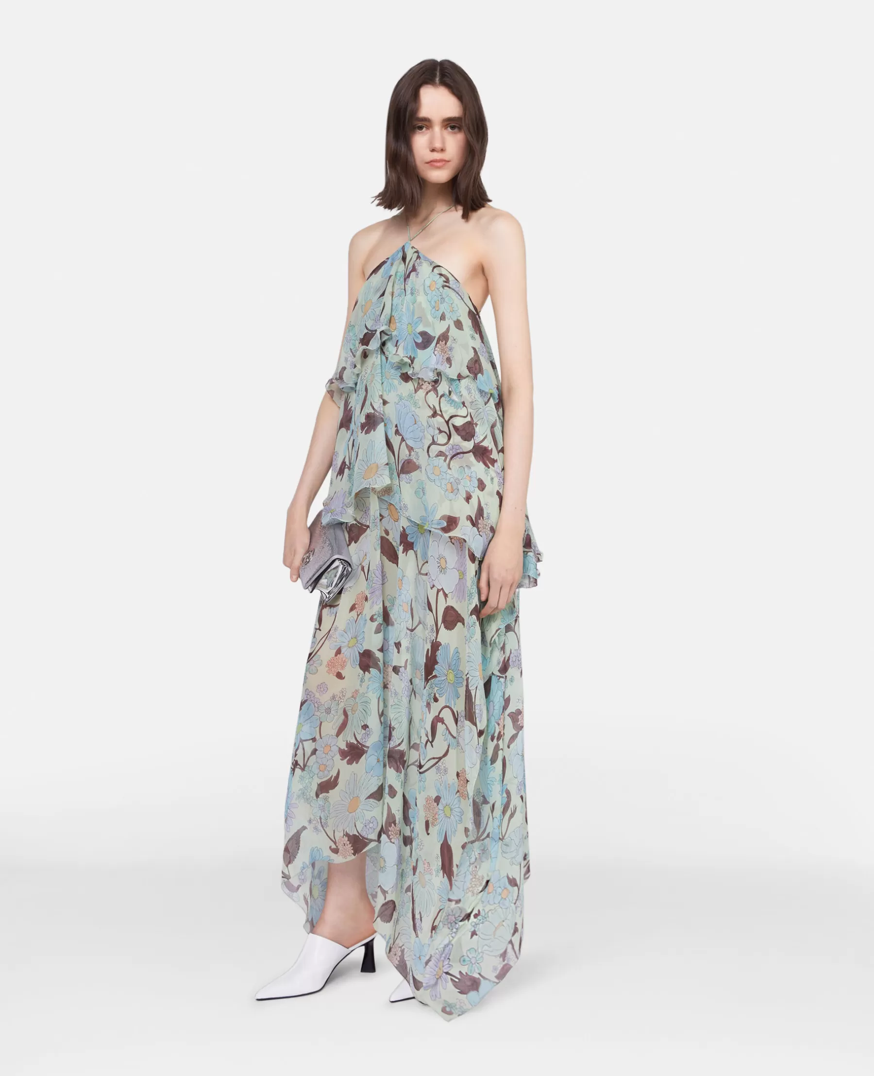 Stella McCartney Lady Garden Print Silk Chiffon Halterneck Dress Hot