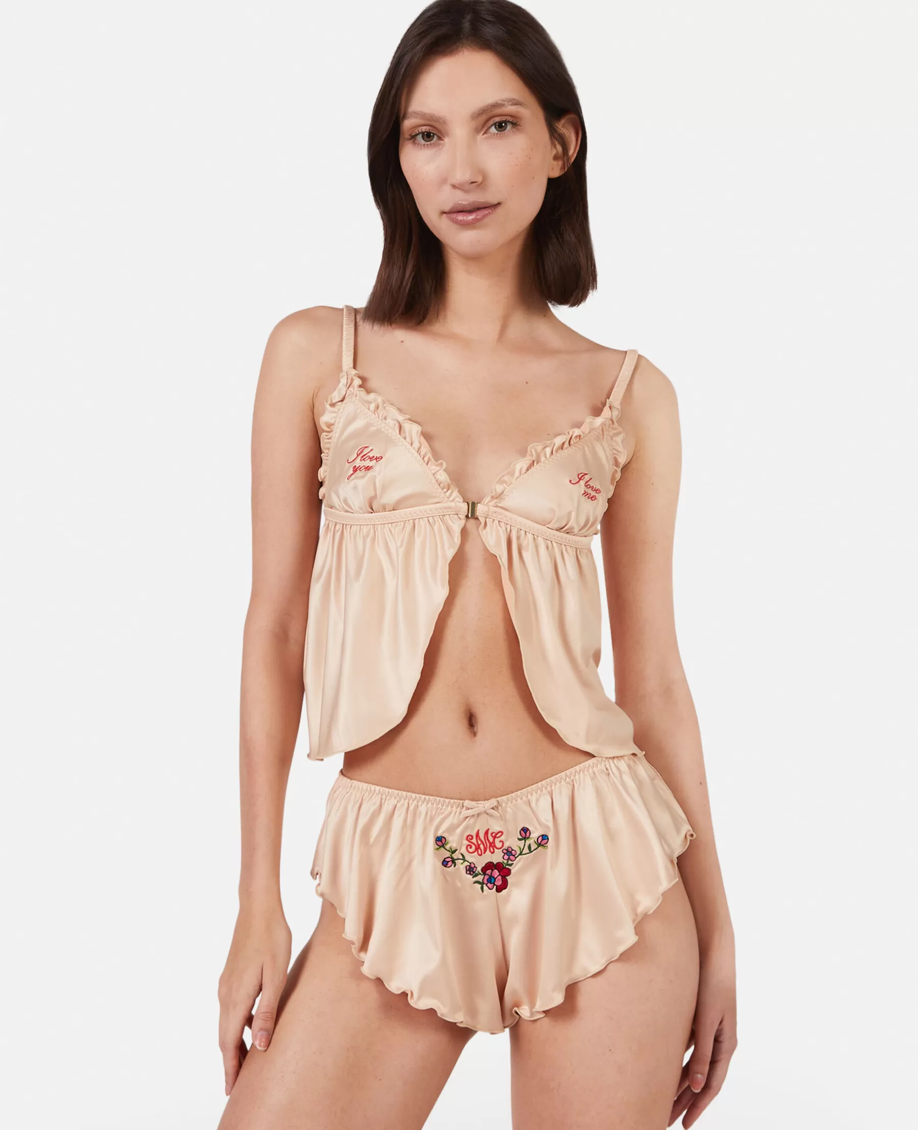 Stella McCartney Love You' Embroidery Satin Flounce Camisole Best