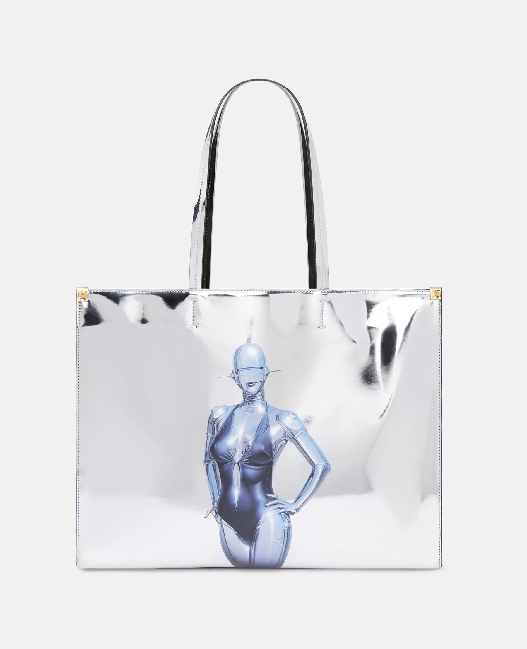 Stella McCartney Sexy Robot Graphic Mirrored Chrome-Effect Tote Bag New